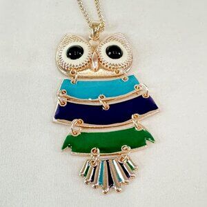 NWT Articulated Owl Necklace Dark Green Purple Blue Metallic Gold Colour 16" NOS